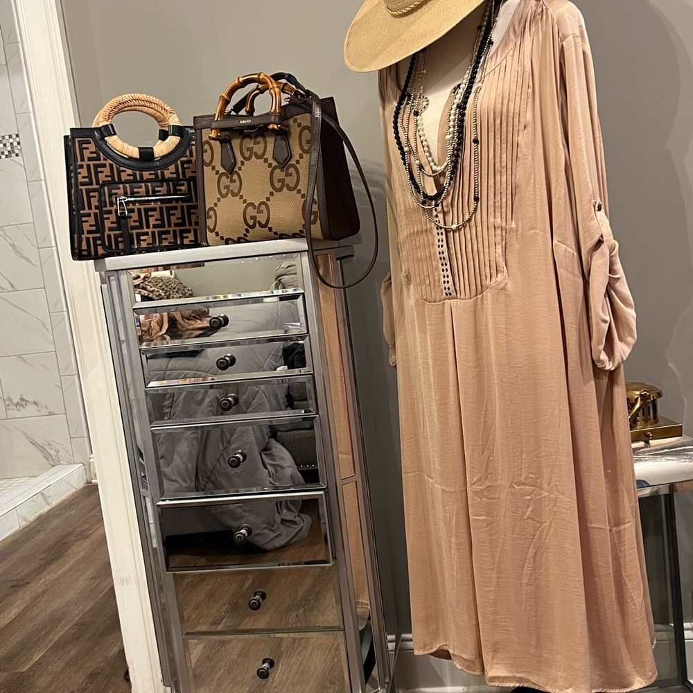 Pleated champagne mid length dress casual adding tights summer and into fall